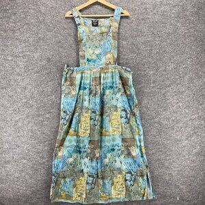 NWT Sachi Dress Women M Medium Blue Brown Geometric Midi Open Sides Square Neck